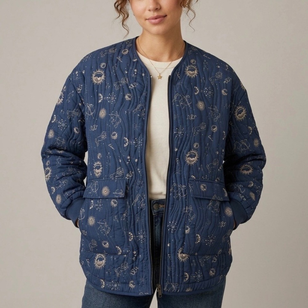 NEW Johnny Was Calme Yessi Quilted Astrology Soft Shell Jacket Navy Blue Medium